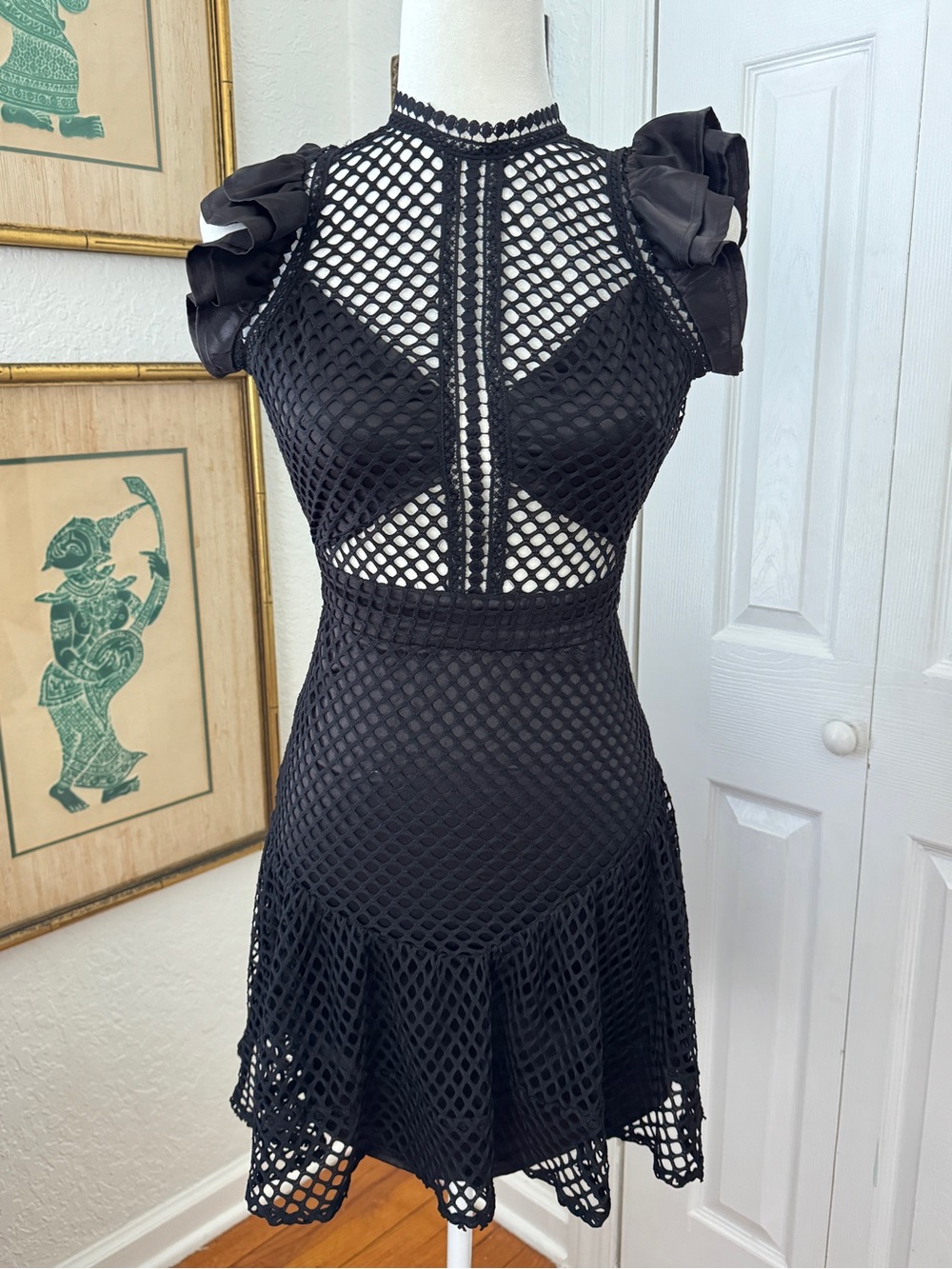 Bebe Black Mesh Ruffle Sleeve Open Back Mini Dress Y2K size XXS
